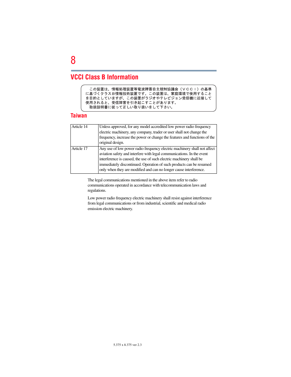 Vcci class b information | Toshiba Toshubia Tecra R940 User Manual | Page 8 / 216