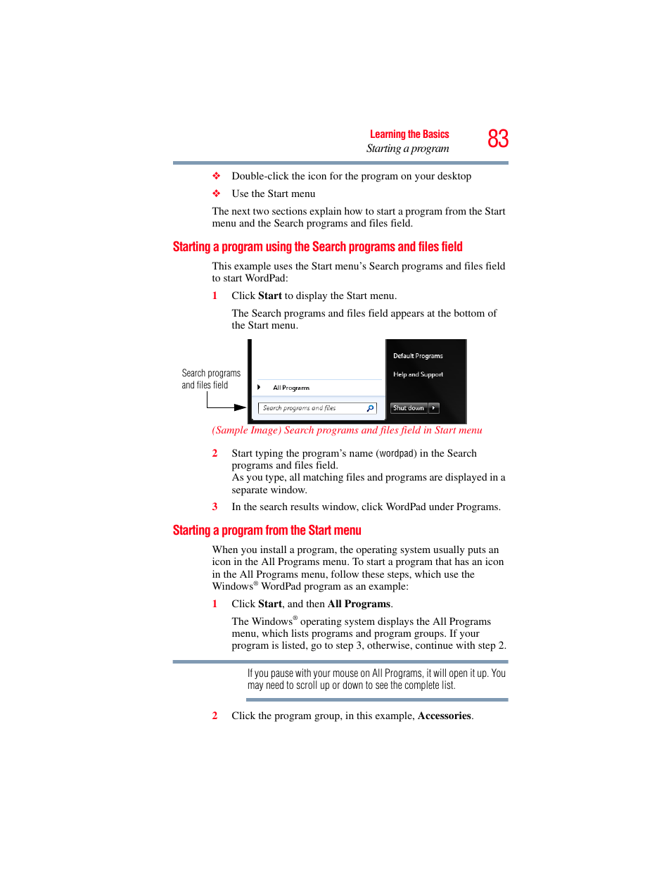 Starting a program from the start menu, Starting a program using the search programs, And files field | Toshiba Toshubia Tecra R940 User Manual | Page 83 / 216