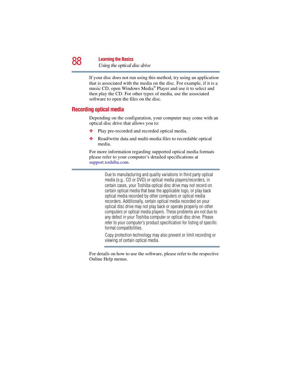 Recording optical media | Toshiba Toshubia Tecra R940 User Manual | Page 88 / 216
