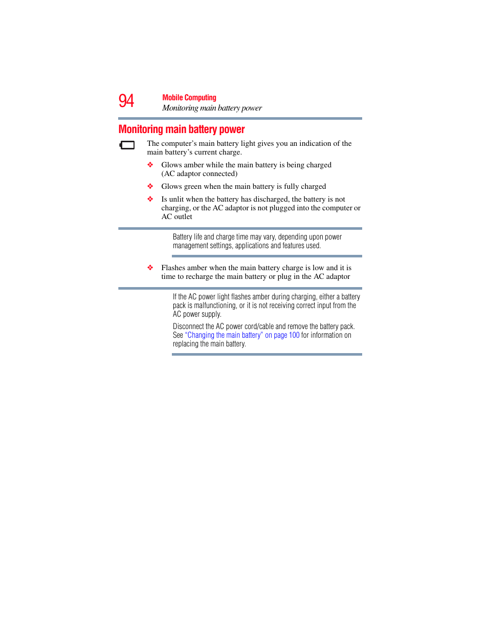 Monitoring main battery power | Toshiba Toshubia Tecra R940 User Manual | Page 94 / 216