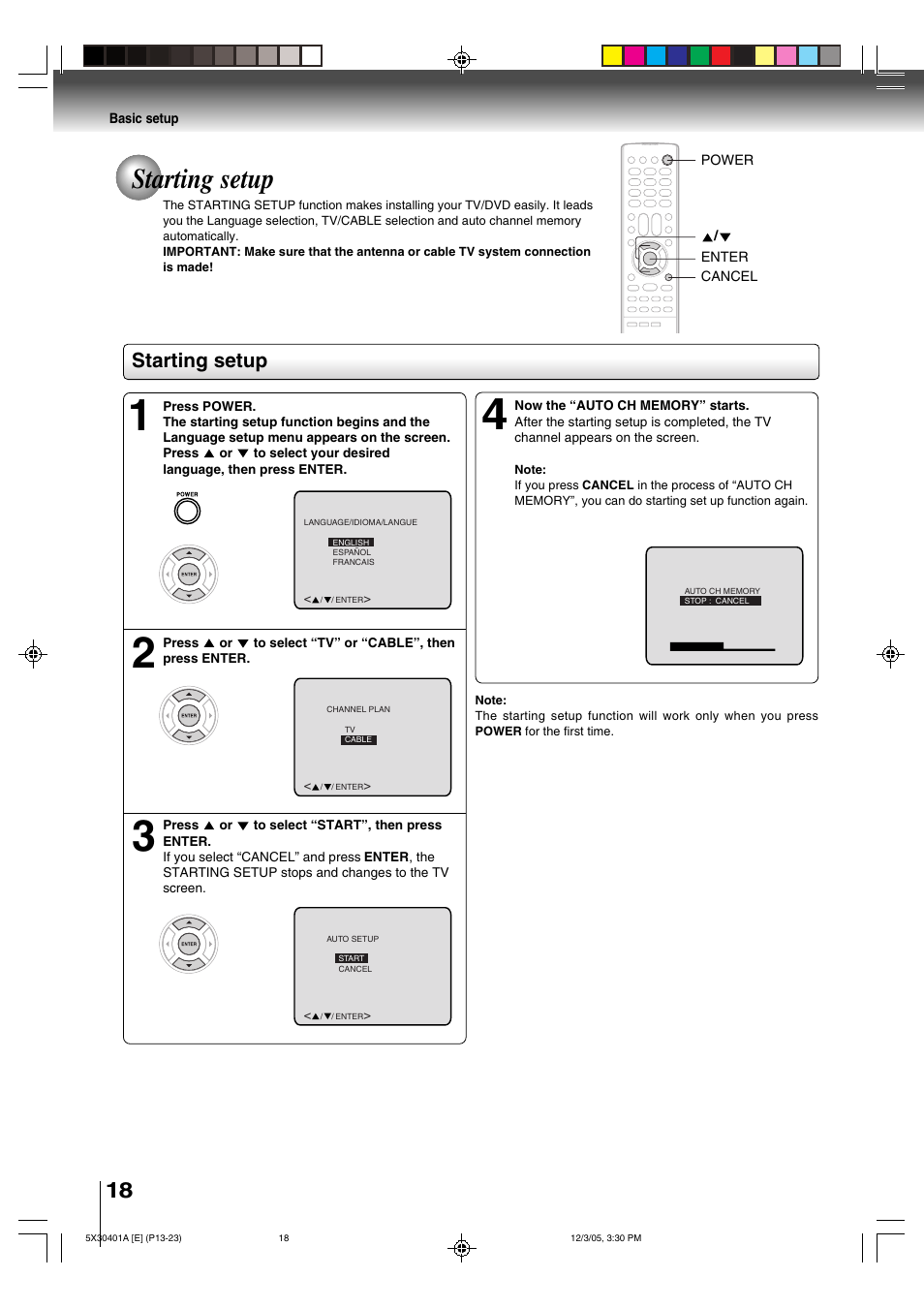 Starting setup | Toshiba MD13Q42 User Manual | Page 18 / 52