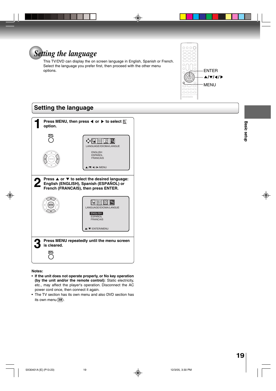 Setting the language | Toshiba MD13Q42 User Manual | Page 19 / 52