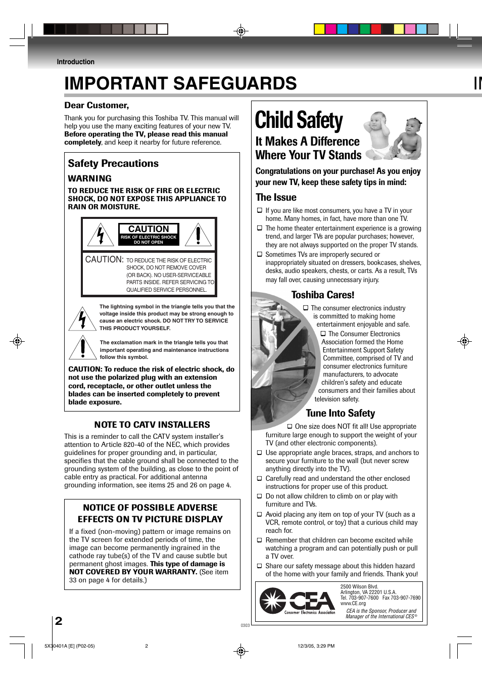 Child safety, Important safeguards im, It makes a difference where your tv stands | Safety precautions, The issue, Toshiba cares, Tune into safety | Toshiba MD13Q42 User Manual | Page 2 / 52