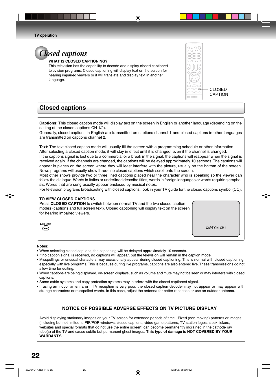 Closed captions | Toshiba MD13Q42 User Manual | Page 22 / 52