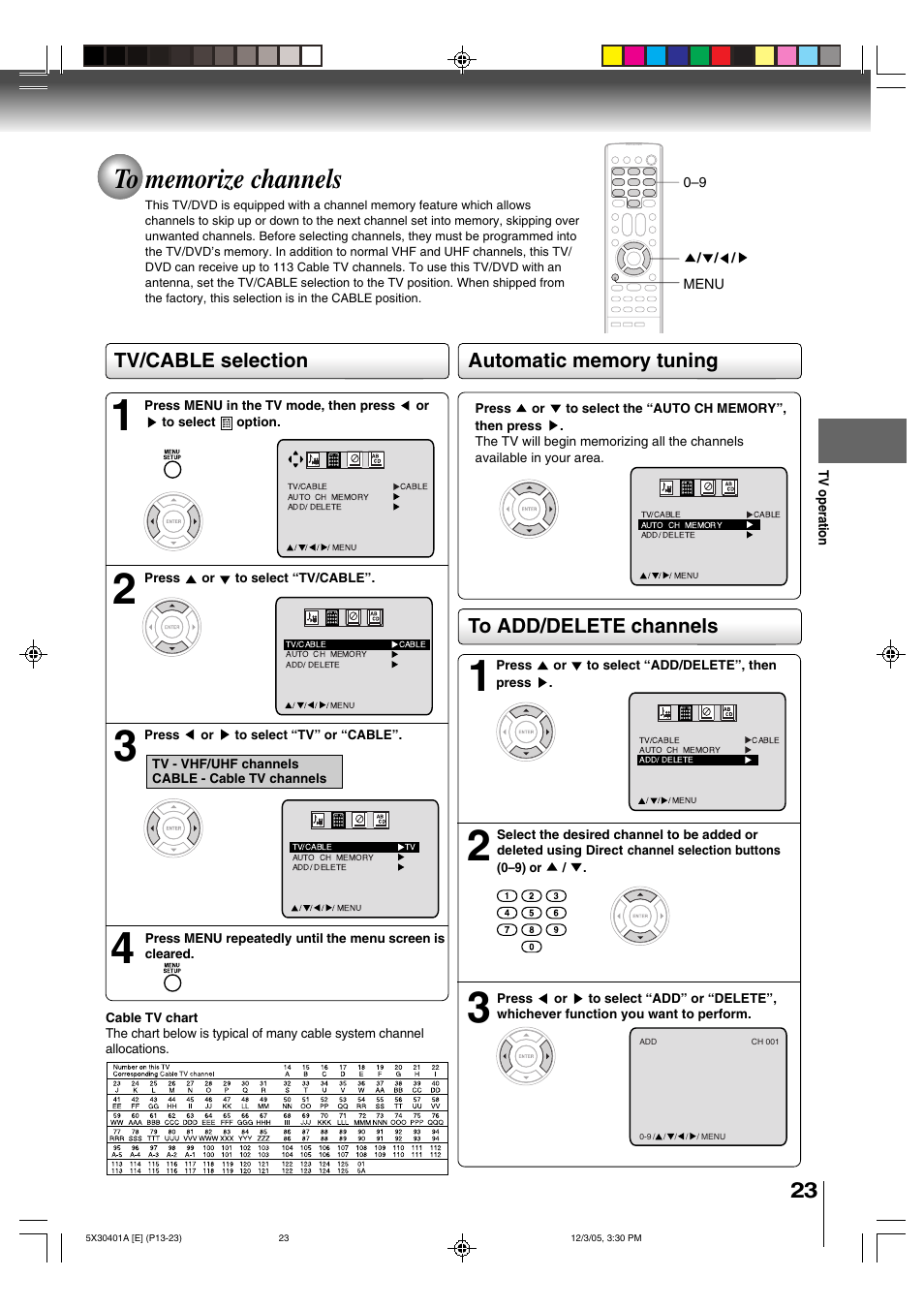 Tv/cable selection | Toshiba MD13Q42 User Manual | Page 23 / 52