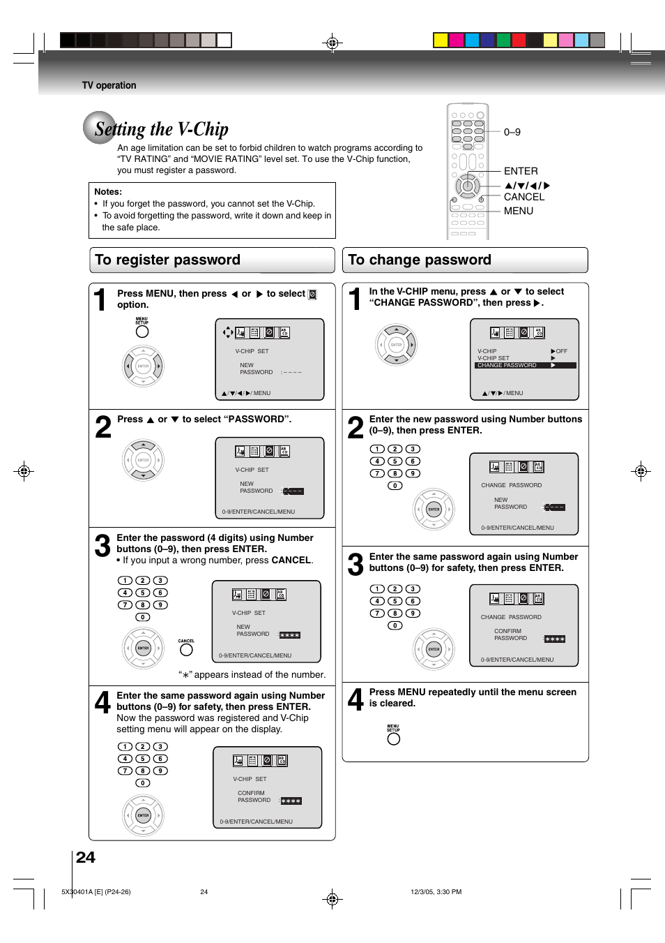 Setting the v-chip | Toshiba MD13Q42 User Manual | Page 24 / 52