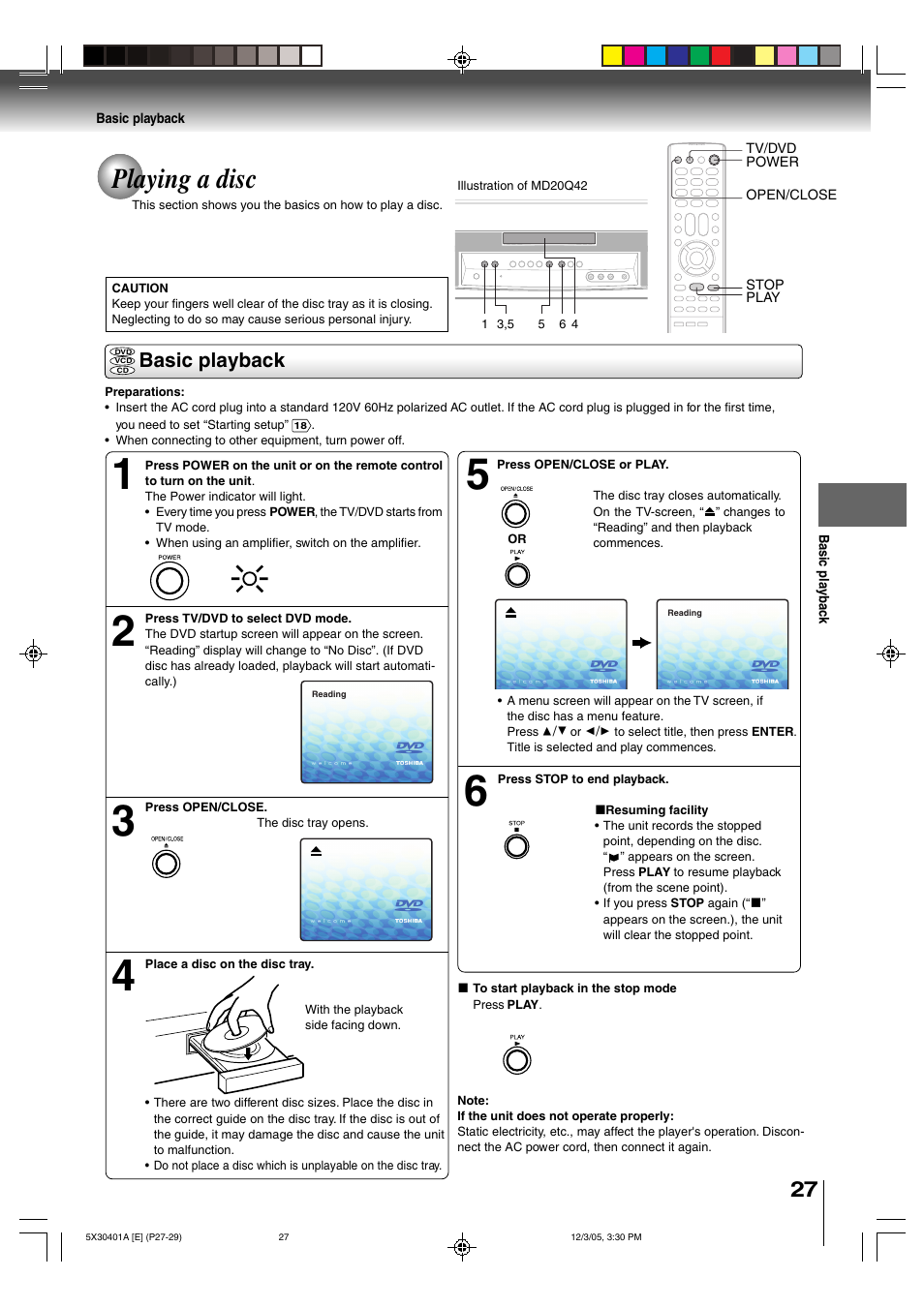 Playing a disc, Basic playback | Toshiba MD13Q42 User Manual | Page 27 / 52