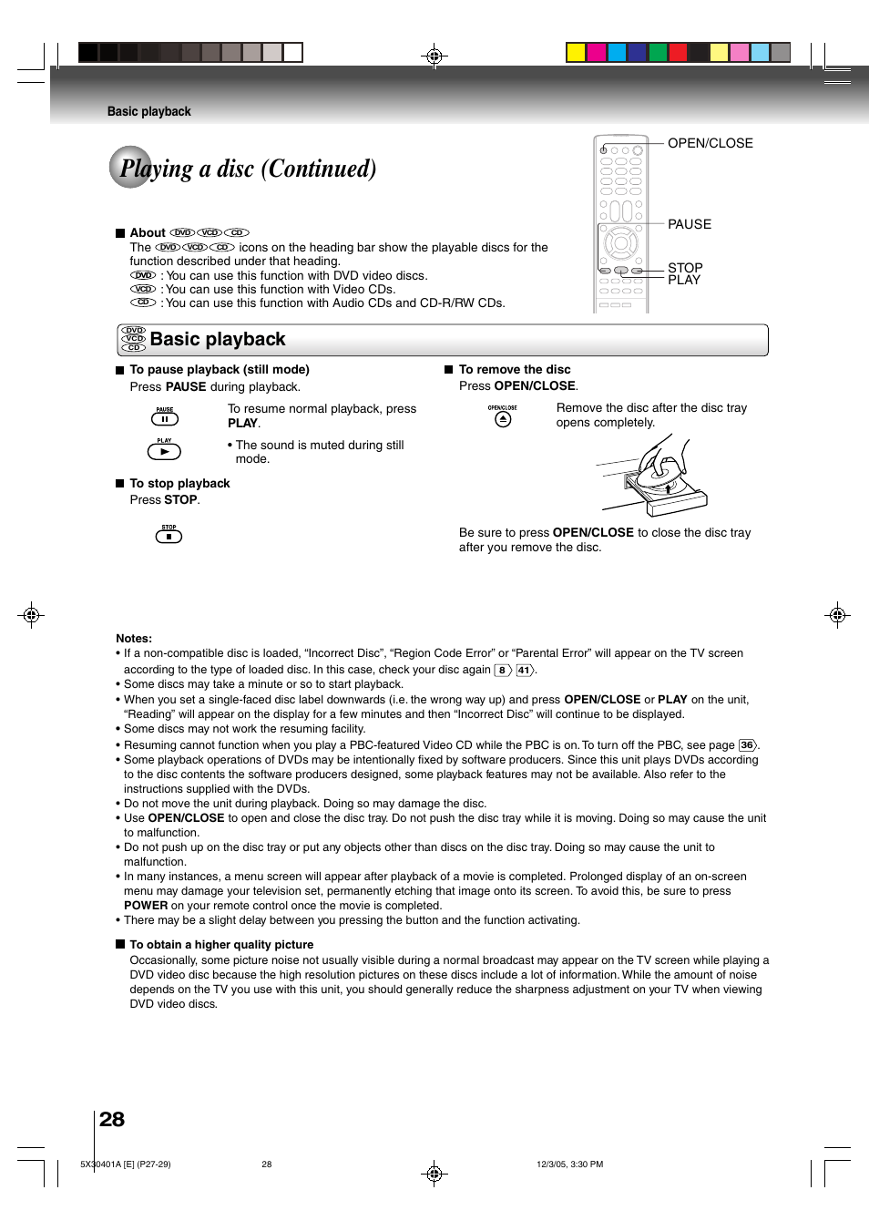 Playing a disc (continued), Basic playback | Toshiba MD13Q42 User Manual | Page 28 / 52