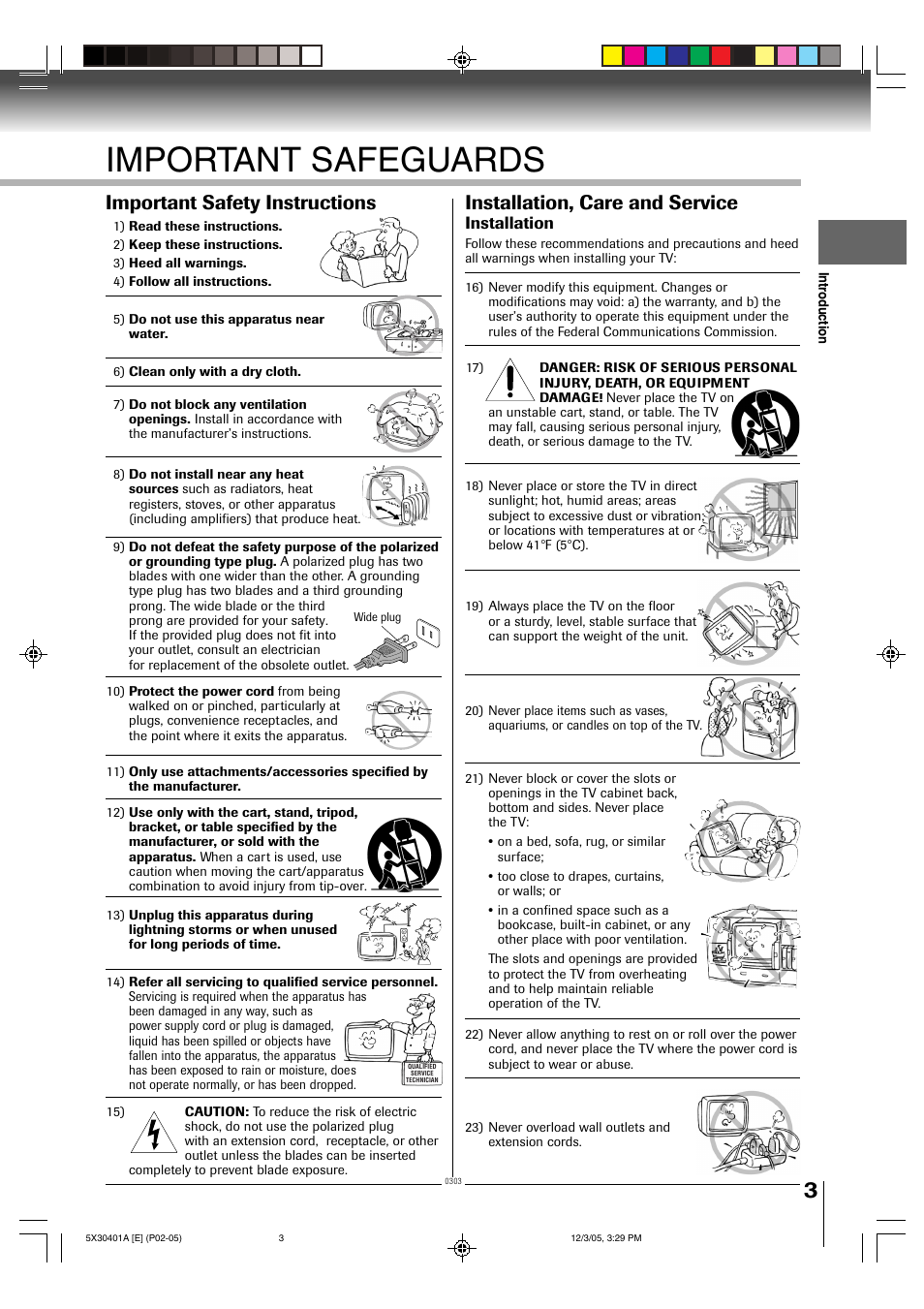 Important safeguards, Important safety instructions, Installation, care and service | Installation | Toshiba MD13Q42 User Manual | Page 3 / 52