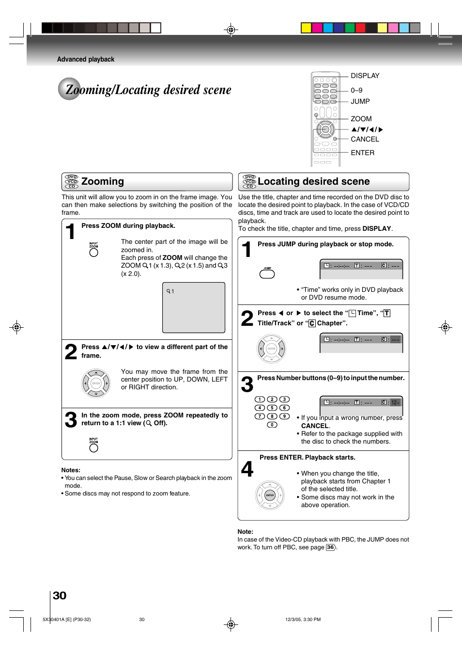 Zooming/locating desired scene, Zooming, Locating desired scene | Toshiba MD13Q42 User Manual | Page 30 / 52