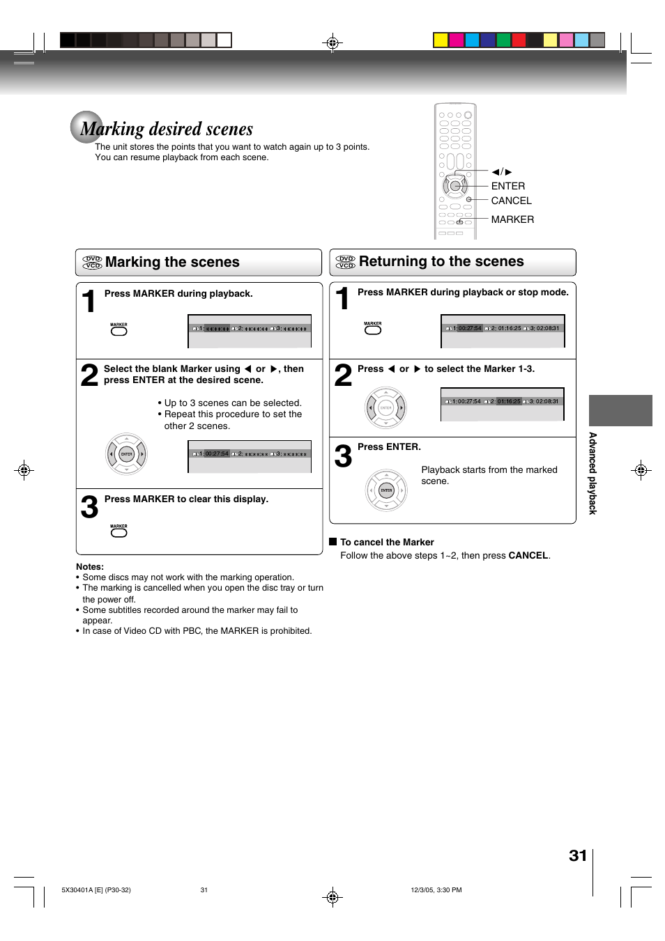 Marking desired scenes, Marking the scenes returning to the scenes | Toshiba MD13Q42 User Manual | Page 31 / 52