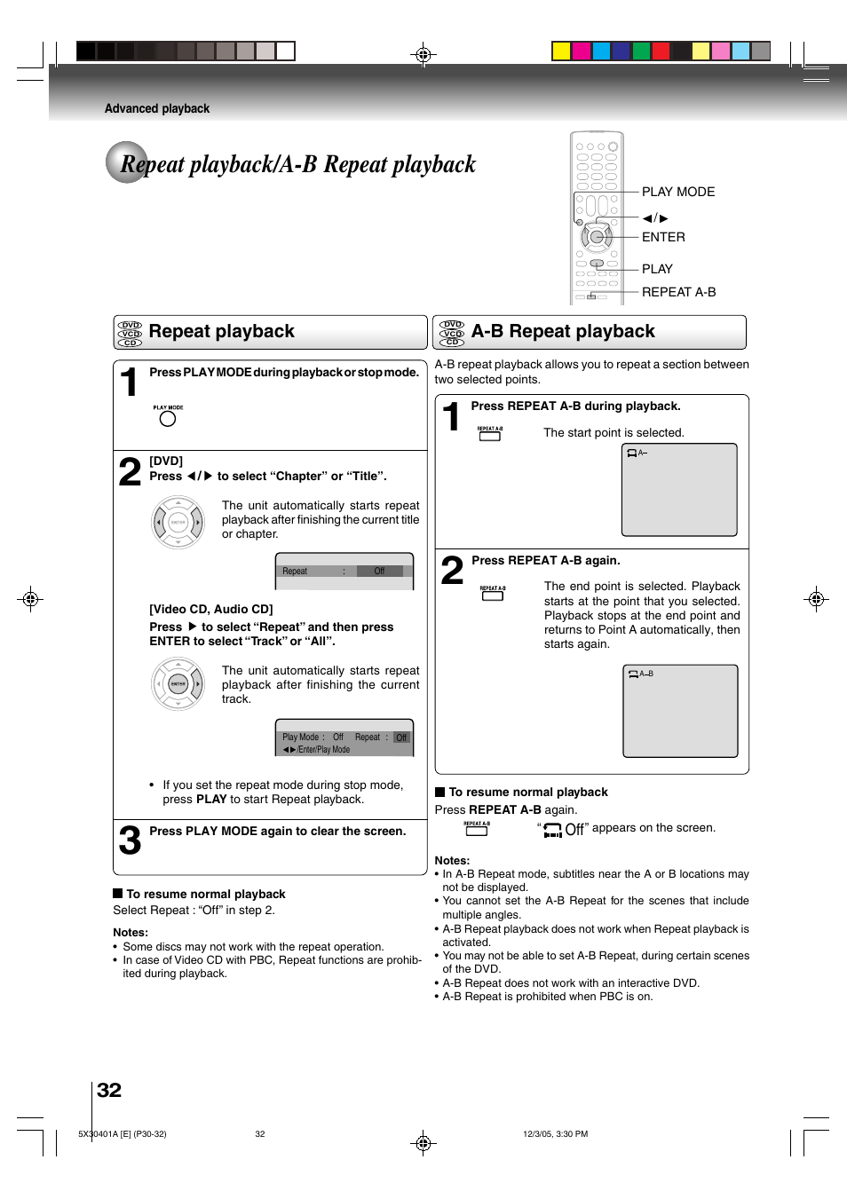 Repeat playback/a-b repeat playback, Repeat playback a-b repeat playback | Toshiba MD13Q42 User Manual | Page 32 / 52