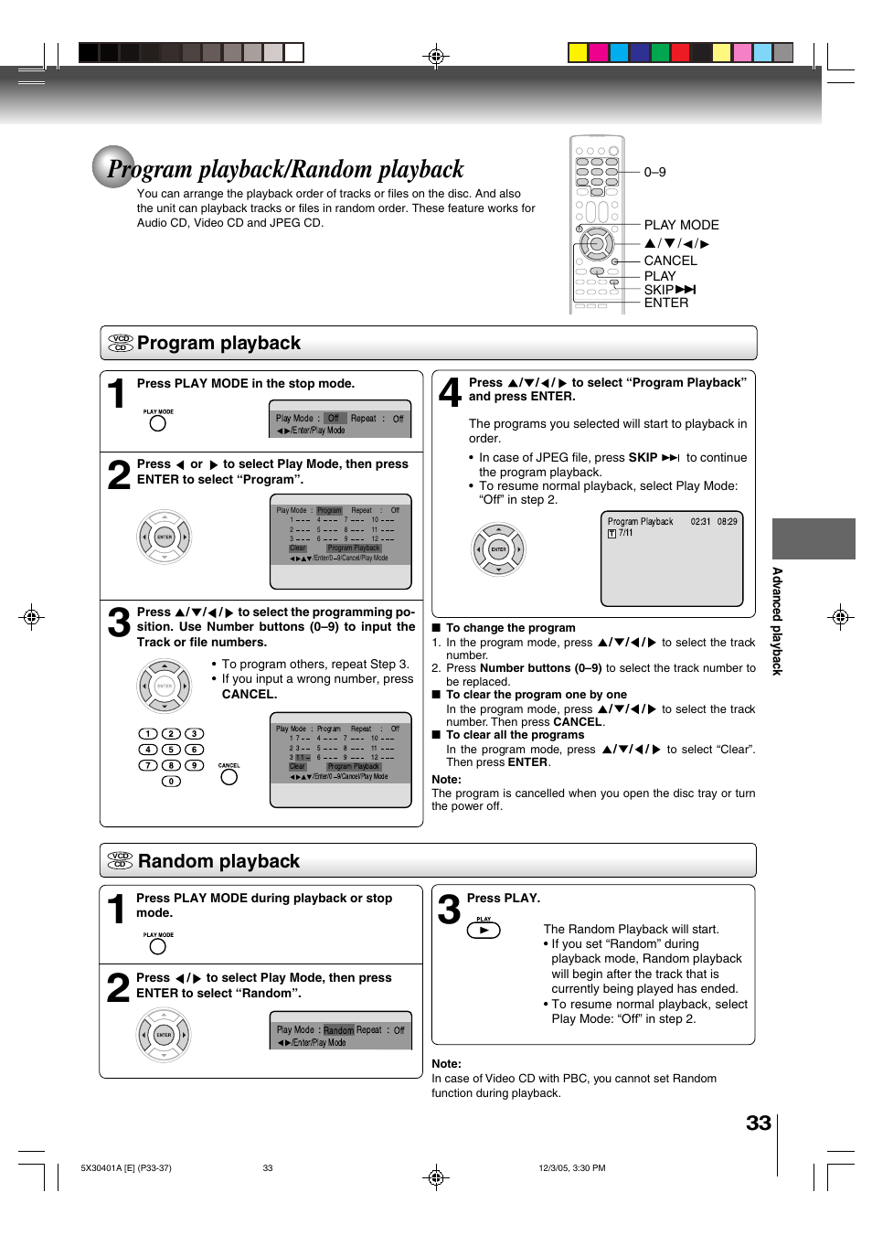 Program playback/random playback, Program playback, Random playback | Toshiba MD13Q42 User Manual | Page 33 / 52