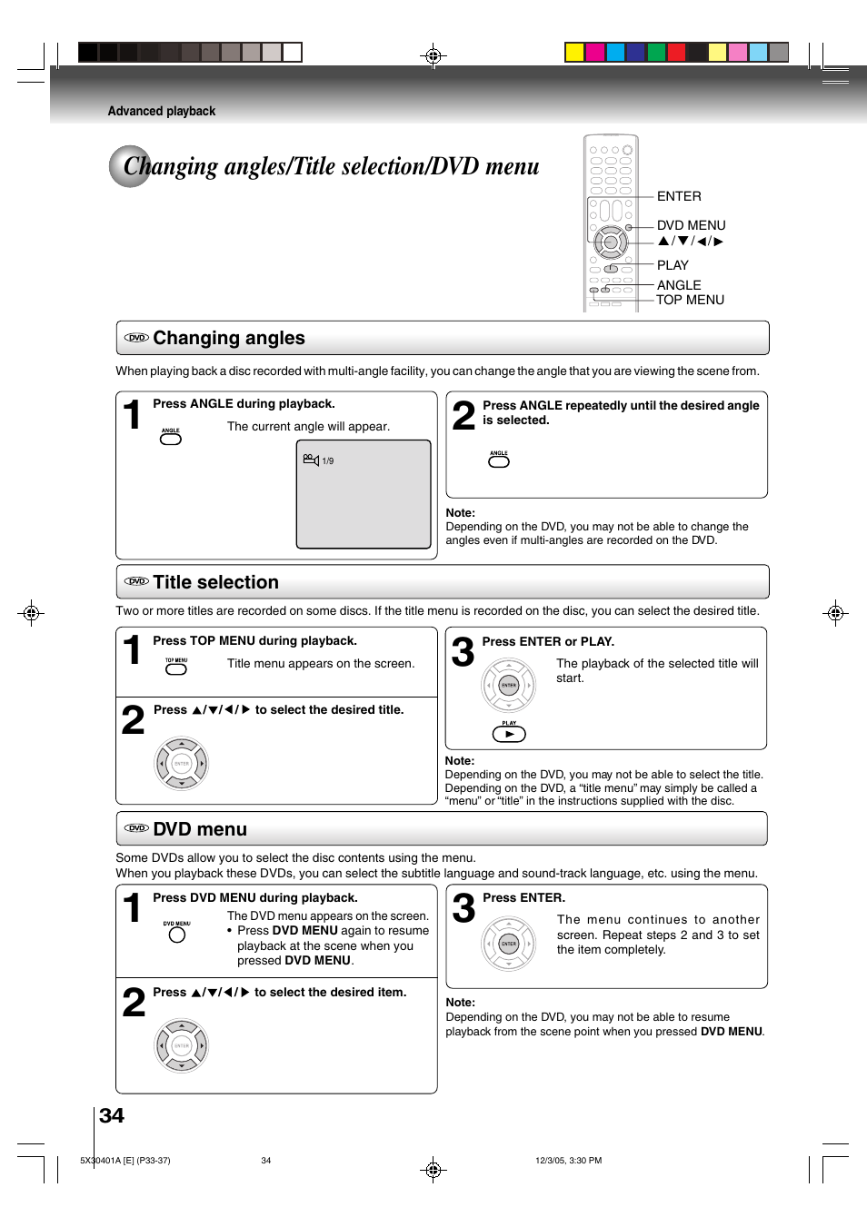 Changing angles/title selection/dvd menu | Toshiba MD13Q42 User Manual | Page 34 / 52