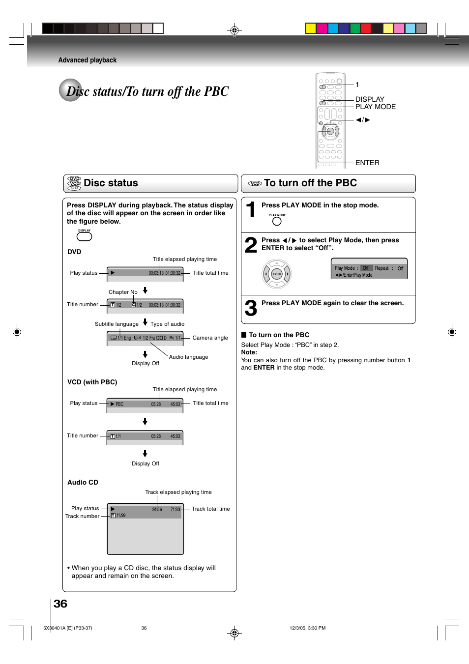 Disc status/to turn off the pbc, Disc status | Toshiba MD13Q42 User Manual | Page 36 / 52