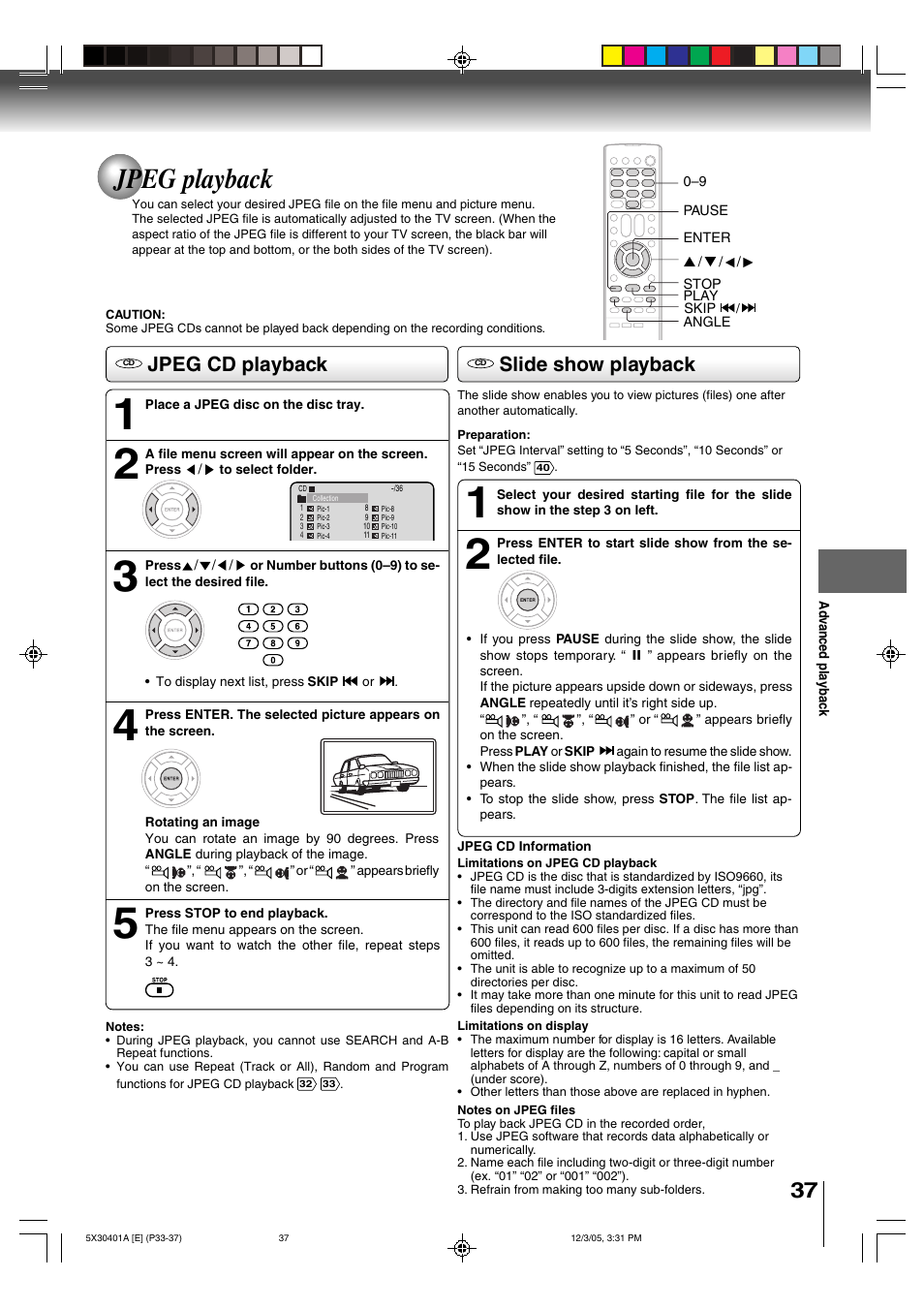 Jpeg playback, Jpeg cd playback slide show playback | Toshiba MD13Q42 User Manual | Page 37 / 52