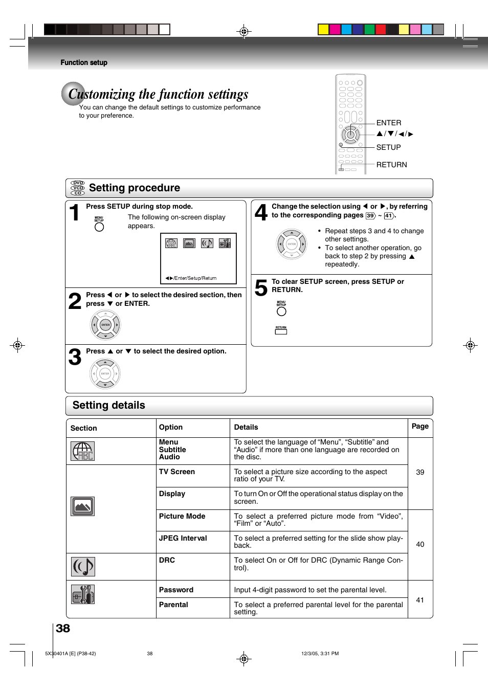 Customizing the function settings, Setting details setting procedure | Toshiba MD13Q42 User Manual | Page 38 / 52