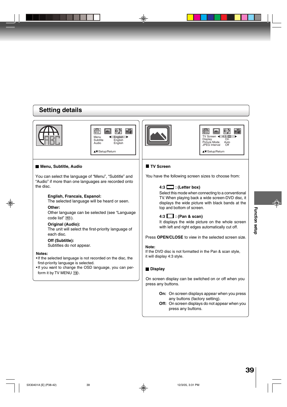 Setting details | Toshiba MD13Q42 User Manual | Page 39 / 52