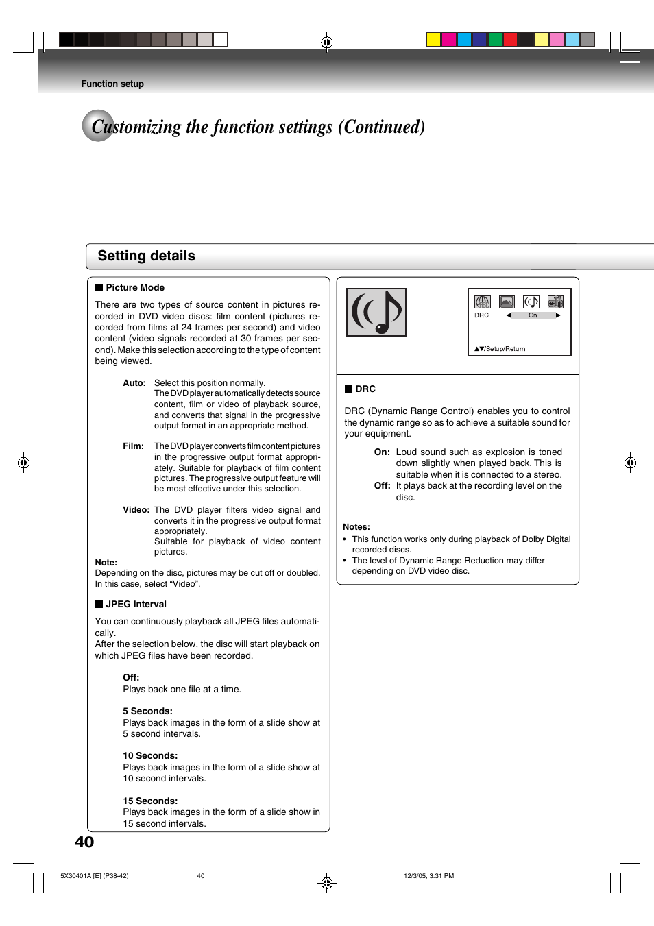 Customizing the function settings (continued), Setting details | Toshiba MD13Q42 User Manual | Page 40 / 52