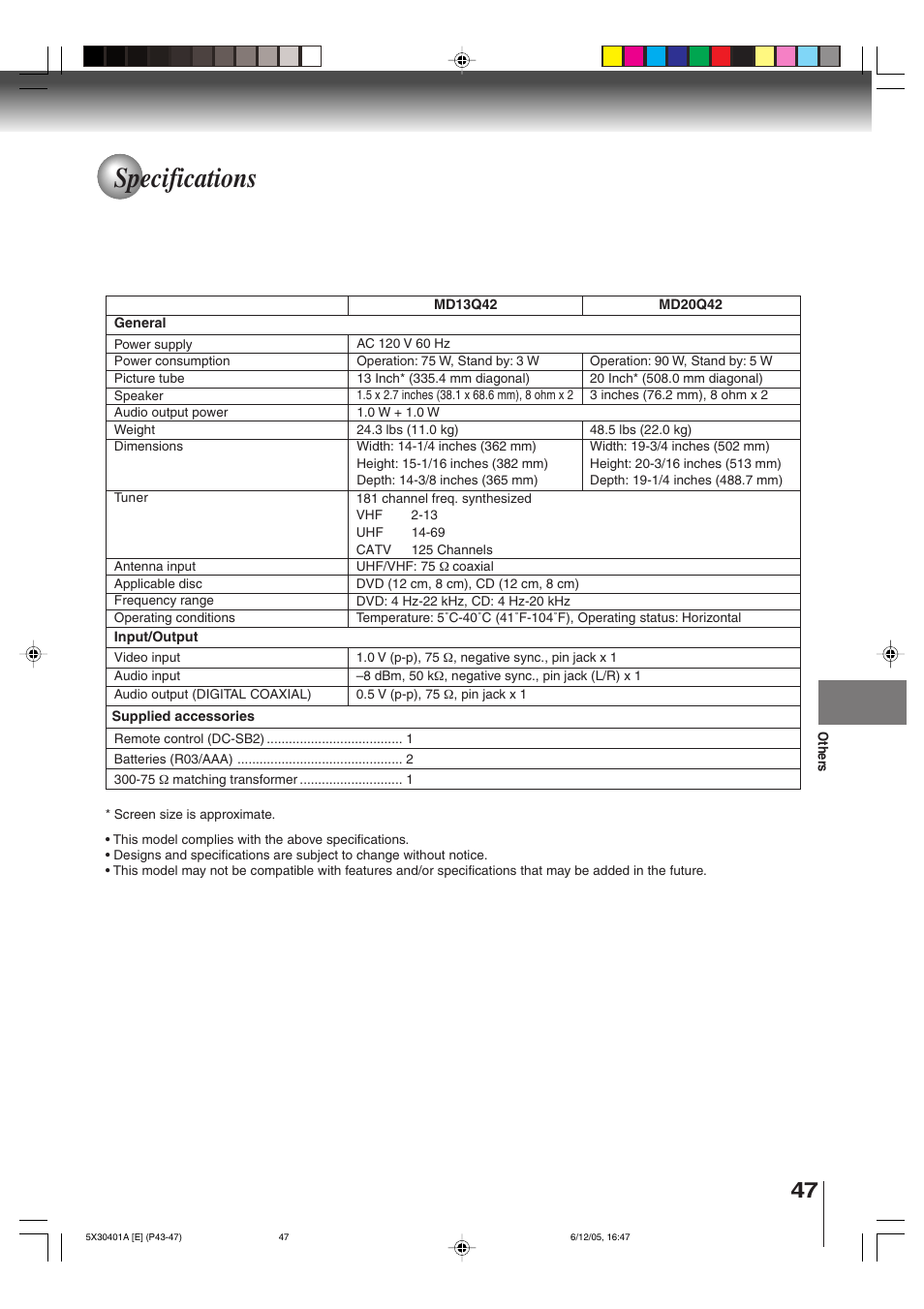 Specifications | Toshiba MD13Q42 User Manual | Page 47 / 52