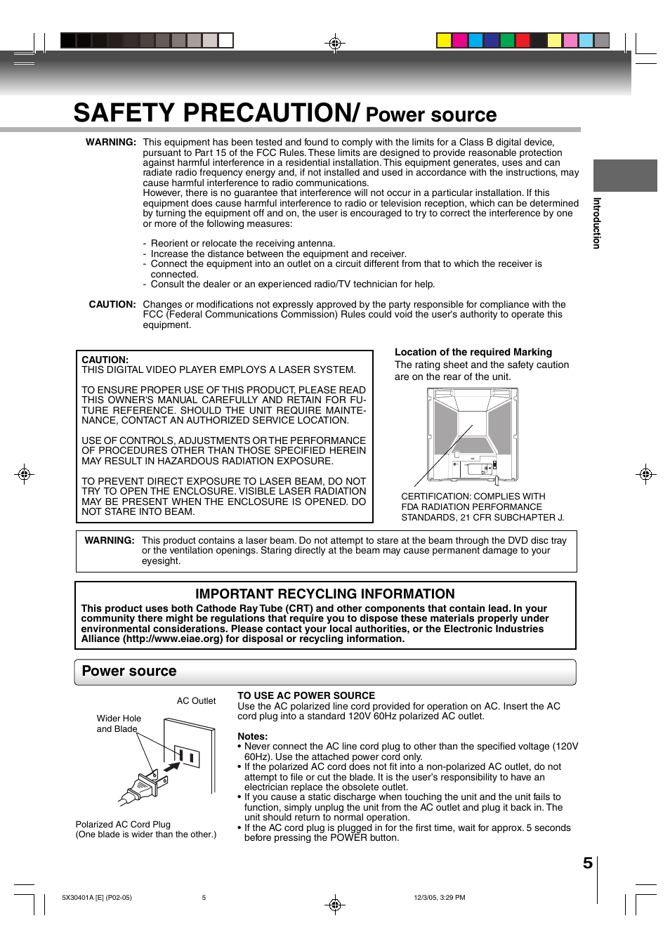 Safety precaution, Power source, Important recycling information | Toshiba MD13Q42 User Manual | Page 5 / 52