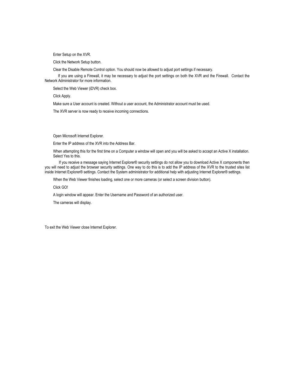 Configuring the server for remote connection, Connecting to an xvr using web viewer, Closing the web viewer | Toshiba XVR16-120-X User Manual | Page 105 / 121