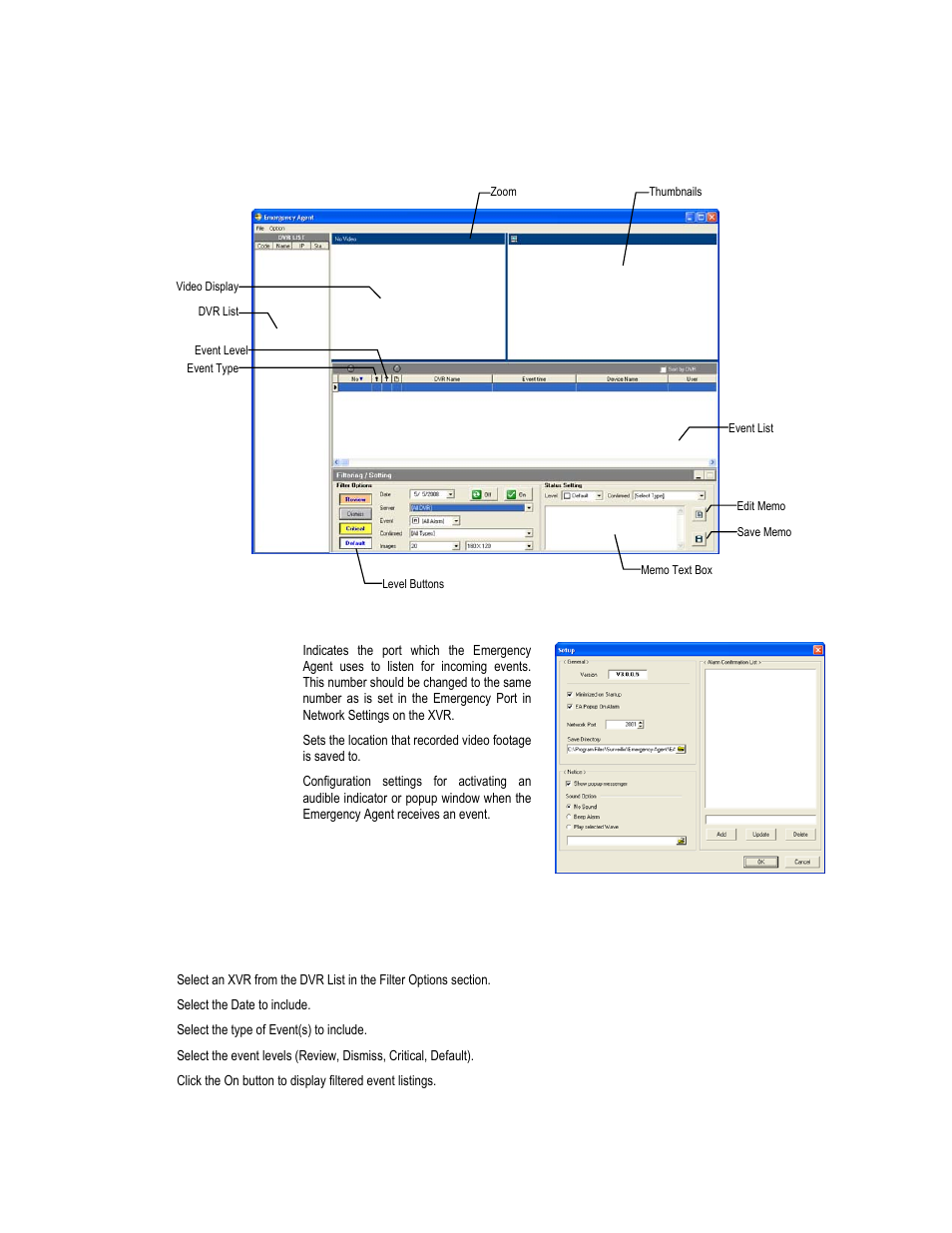 Emergency agent window, Setup window, Filter event list | Toshiba XVR16-120-X User Manual | Page 109 / 121