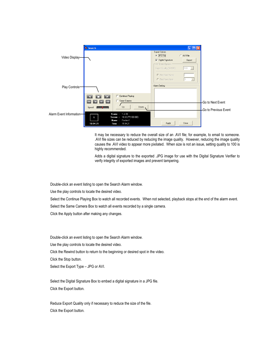 Search alarm window, View recorded video, Export video | Toshiba XVR16-120-X User Manual | Page 111 / 121