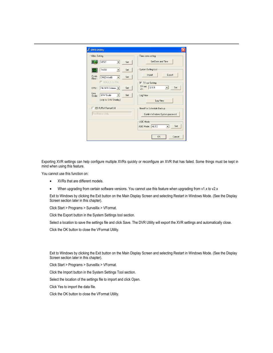 Using the dvr utility, Importing xvr settings, Exporting xvr settings | Toshiba XVR16-120-X User Manual | Page 39 / 121