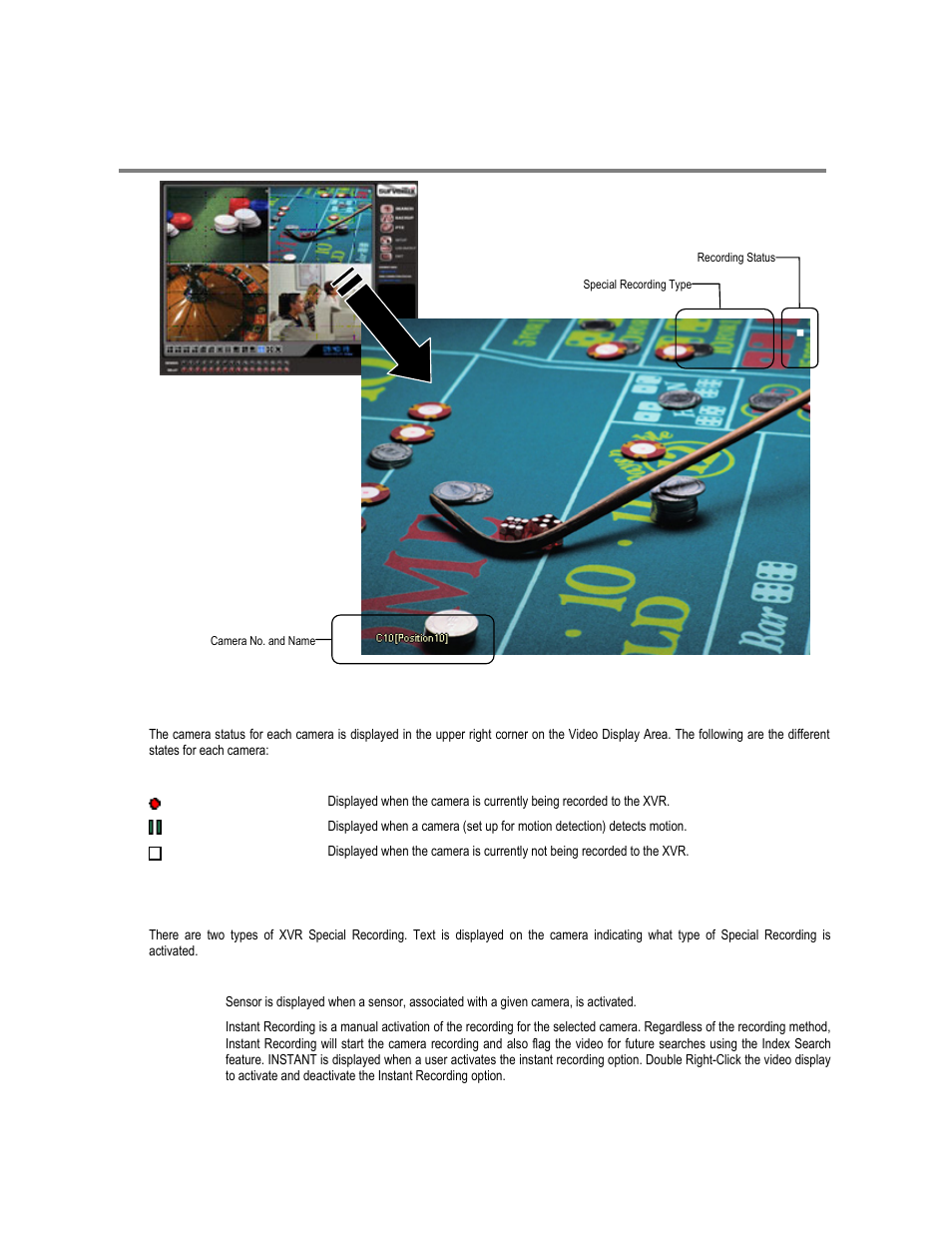 Camera view, Recording status indicator, Special recording | Toshiba XVR16-120-X User Manual | Page 41 / 121