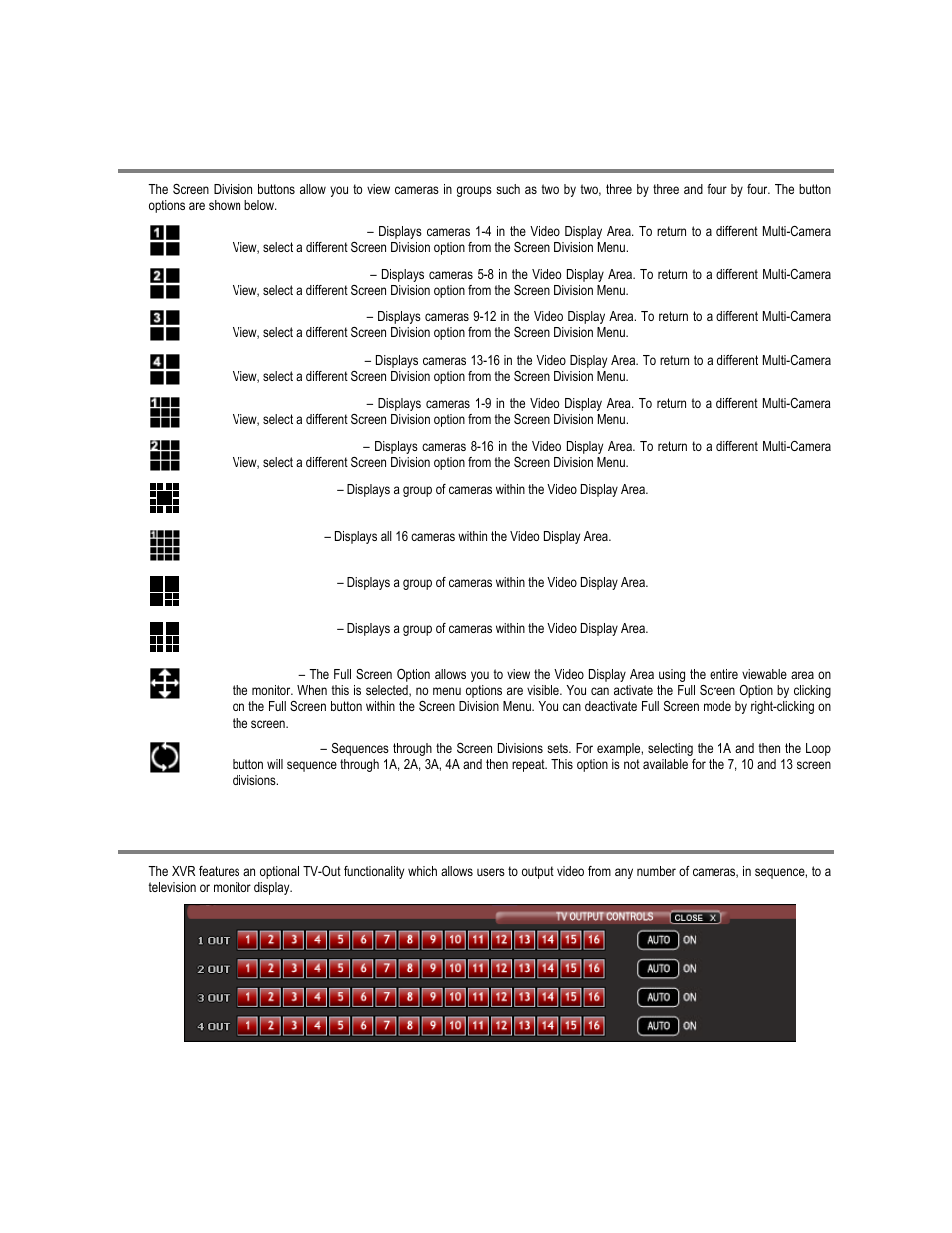 Screen division buttons, Tv out controls | Toshiba XVR16-120-X User Manual | Page 42 / 121