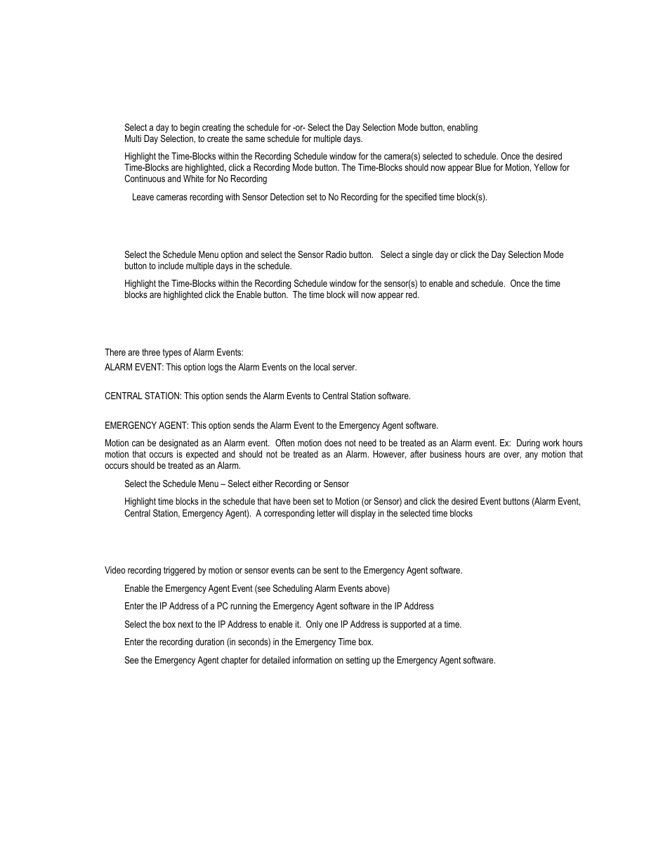 Create a recording schedule, Create a sensor schedule, Scheduling alarm events | Emergency agent schedule | Toshiba XVR16-120-X User Manual | Page 57 / 121