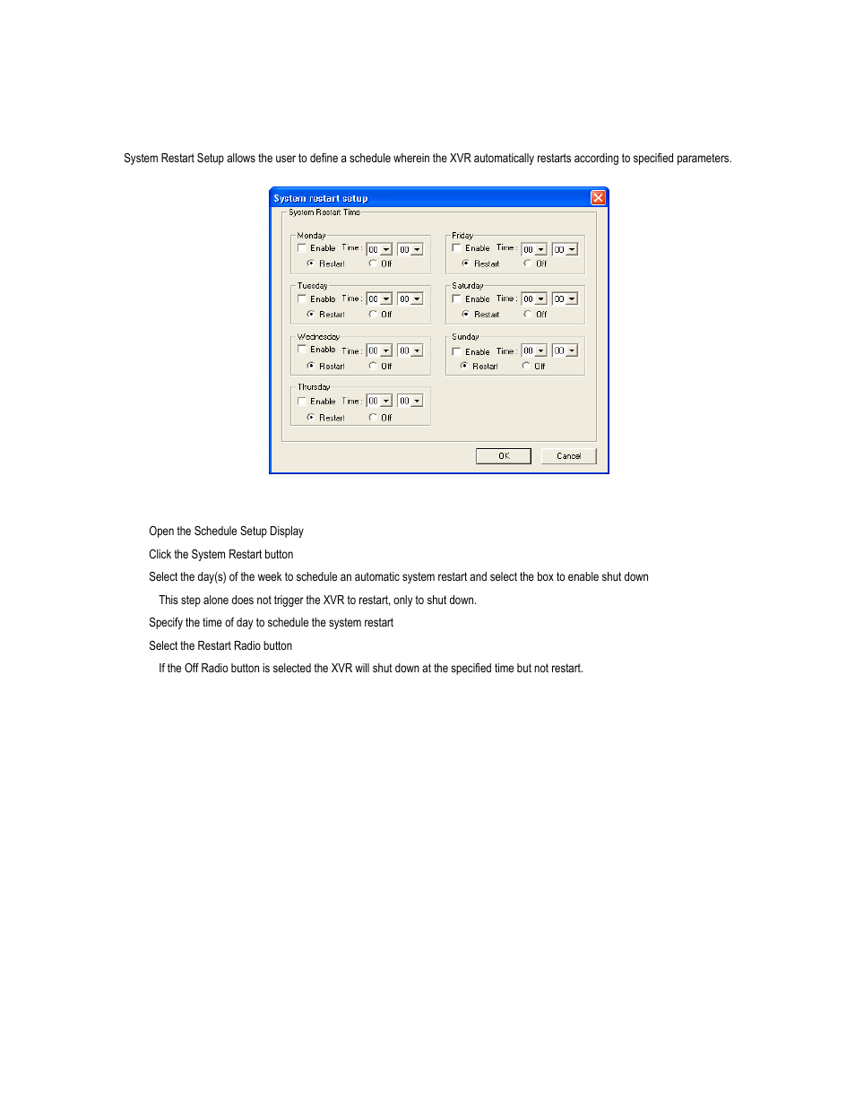 System restart setup, Create system restart schedule | Toshiba XVR16-120-X User Manual | Page 59 / 121