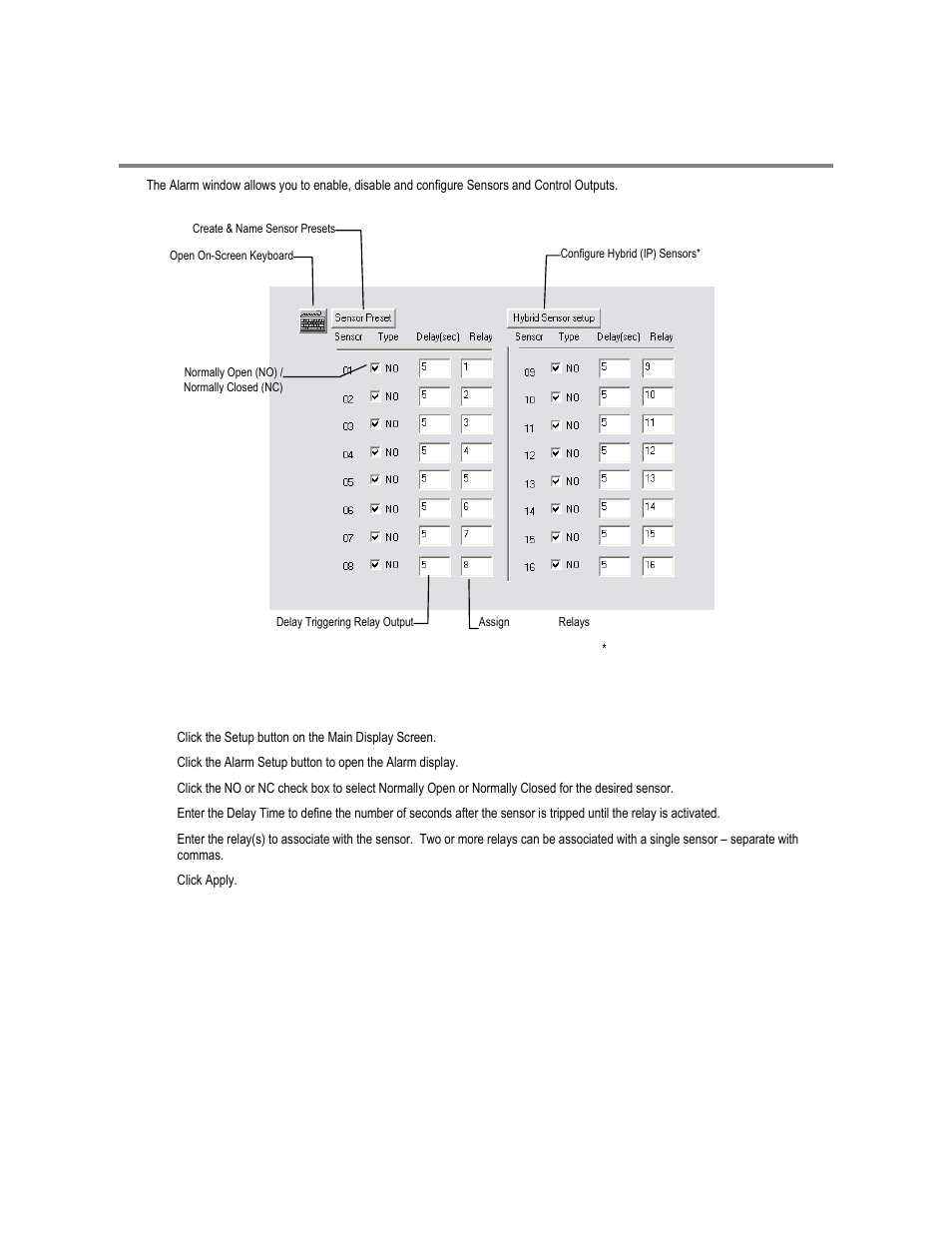 Alarm setup, Configure sensor response | Toshiba XVR16-120-X User Manual | Page 60 / 121