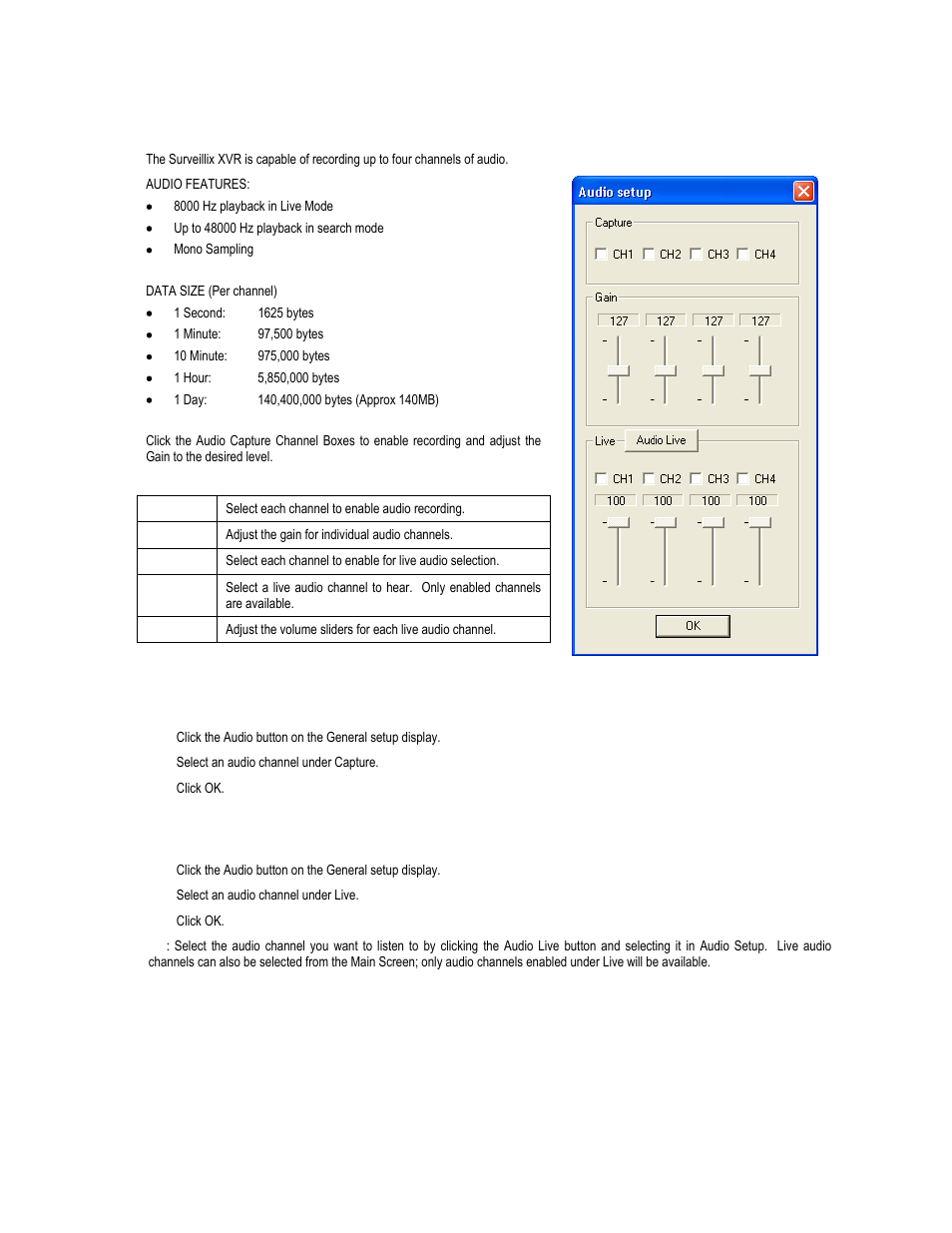 Audio, Enabling audio recording, Enabling live audio | Toshiba XVR16-120-X User Manual | Page 64 / 121
