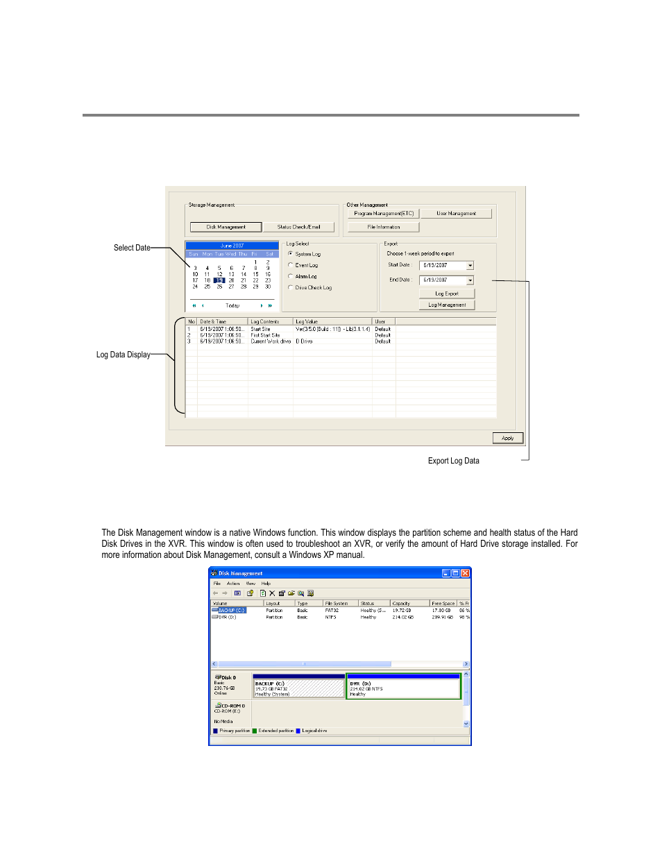 Administrative setup, Disk management | Toshiba XVR16-120-X User Manual | Page 69 / 121