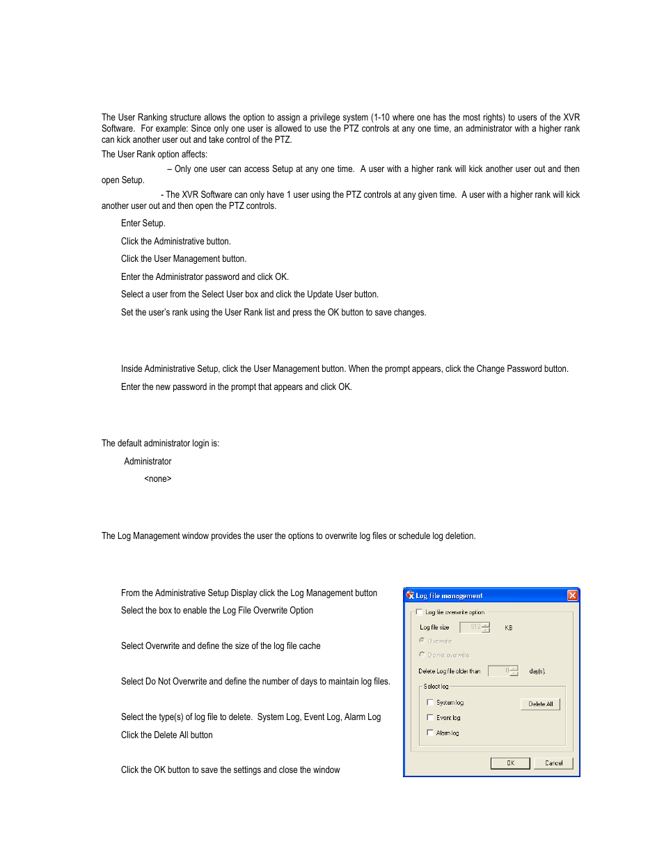 User rank, Changing the administrator password, Default administrator password | Log management, Setup log management options | Toshiba XVR16-120-X User Manual | Page 71 / 121
