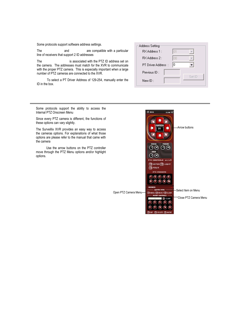 Accessing ptz menus, Ptz address settings | Toshiba XVR16-120-X User Manual | Page 90 / 121