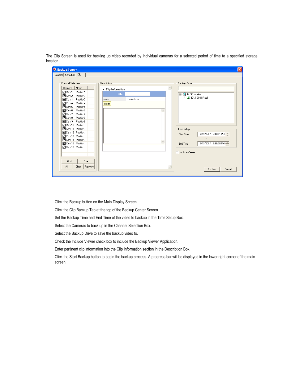 Clip backup screen, Performing a clip backup | Toshiba XVR16-120-X User Manual | Page 98 / 121