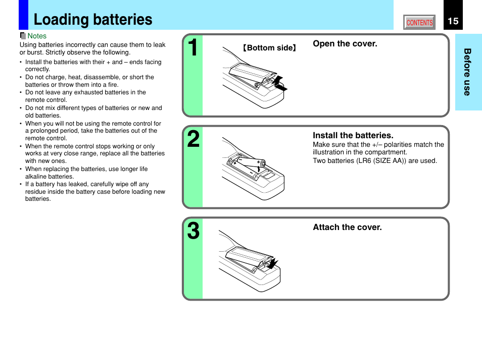 Loading batteries | Toshiba TLP791 User Manual | Page 15 / 80