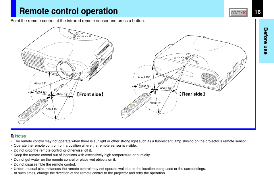 Remote control operation, 16 before use | Toshiba TLP791 User Manual | Page 16 / 80
