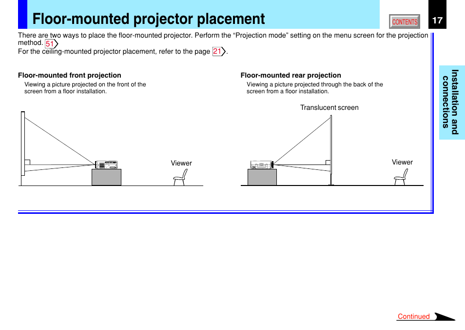 Installation and connections, Floor-mounted projector placement | Toshiba TLP791 User Manual | Page 17 / 80