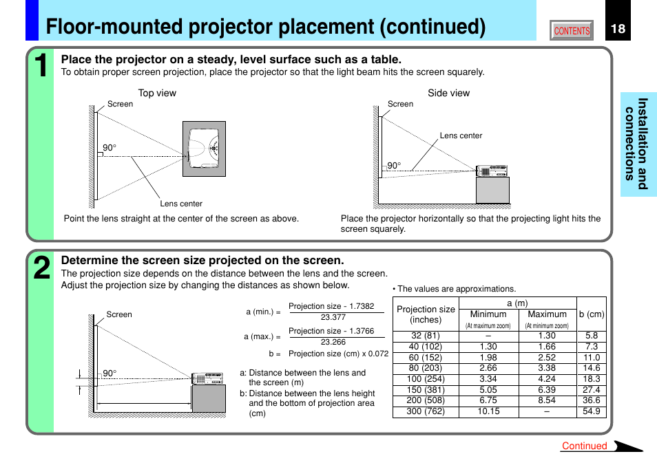 Floor-mounted projector placement (continued), Installation and connections | Toshiba TLP791 User Manual | Page 18 / 80