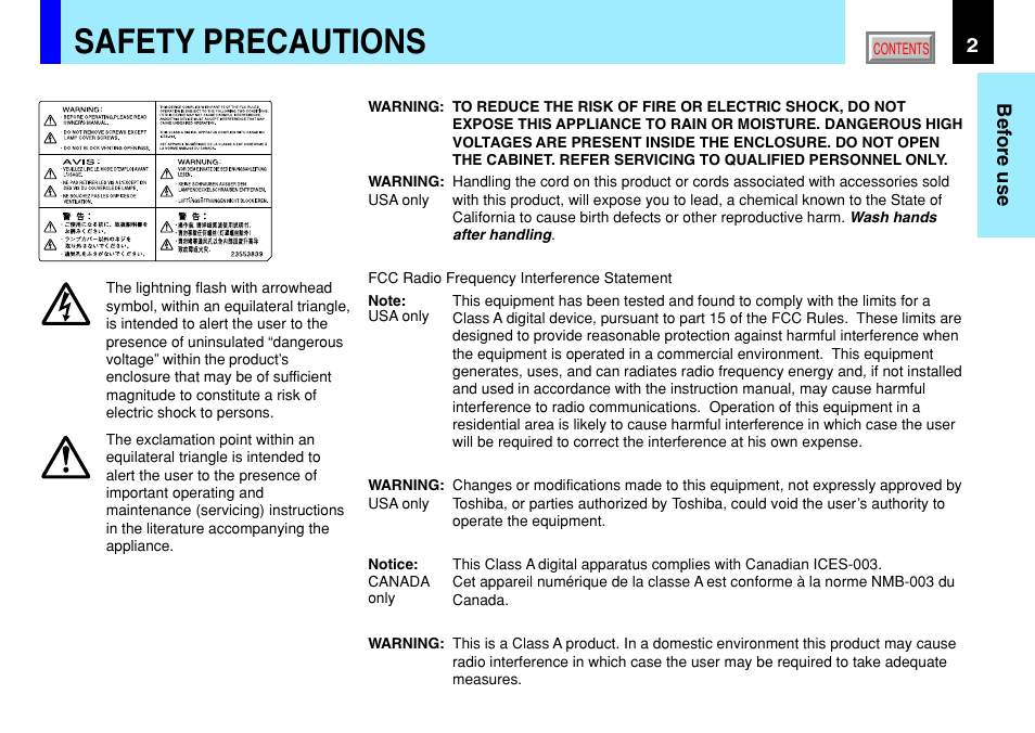 Before use, Safety precautions, 2before use | Toshiba TLP791 User Manual | Page 2 / 80