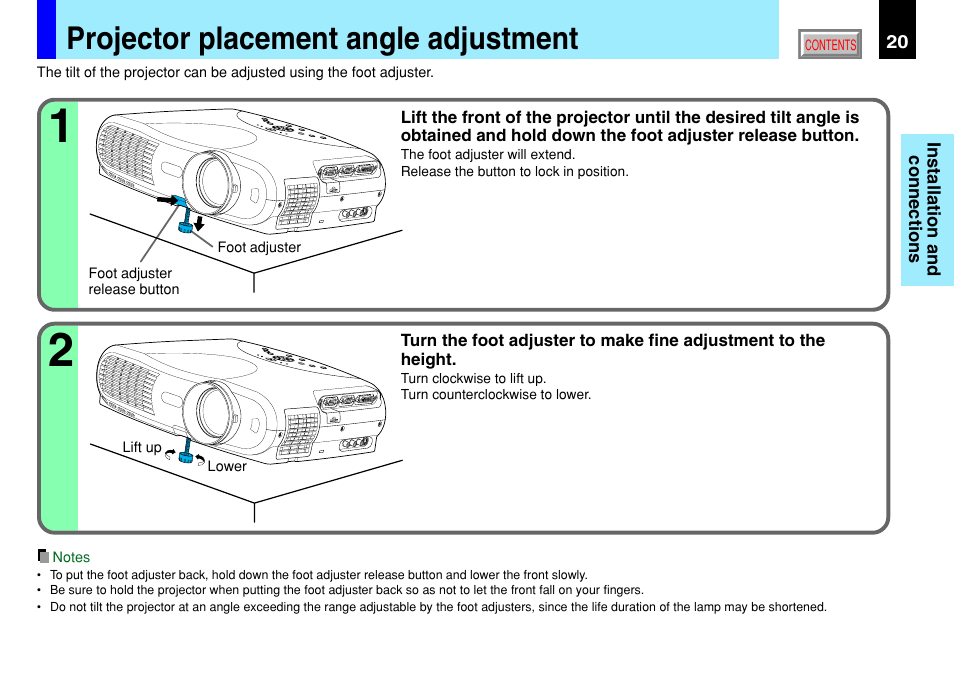 Projector placement angle adjustment | Toshiba TLP791 User Manual | Page 20 / 80