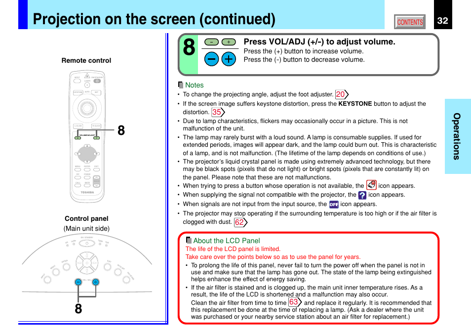 Projection on the screen (continued), 32 operations, Press vol/adj (+/-) to adjust volume | About the lcd panel, Remote control control panel (main unit side) | Toshiba TLP791 User Manual | Page 32 / 80