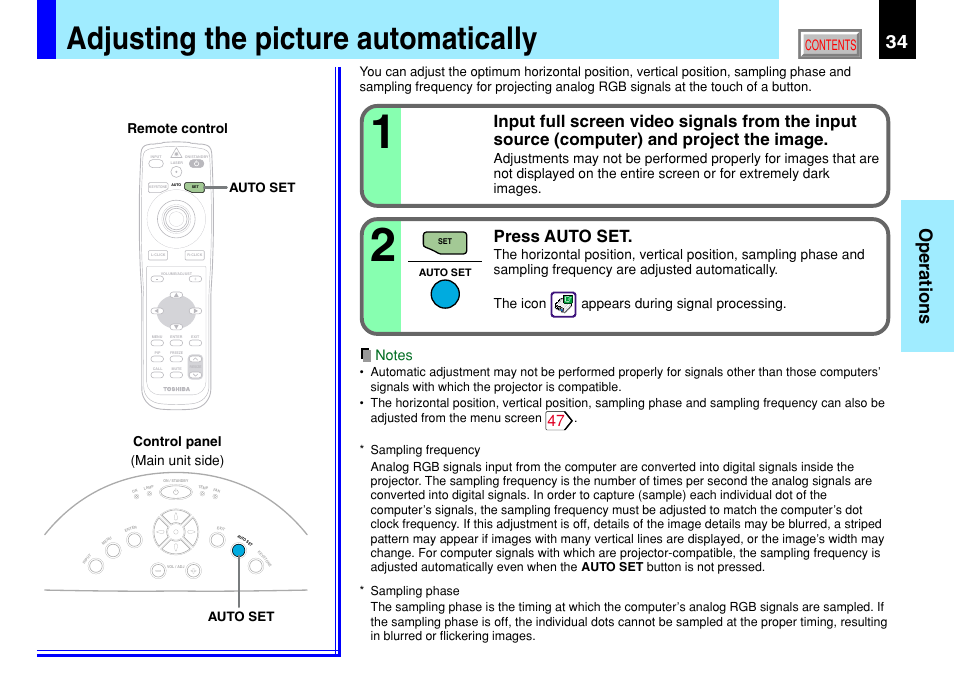 Adjusting the picture automatically, 34 operations, Press auto set | Auto set | Toshiba TLP791 User Manual | Page 34 / 80