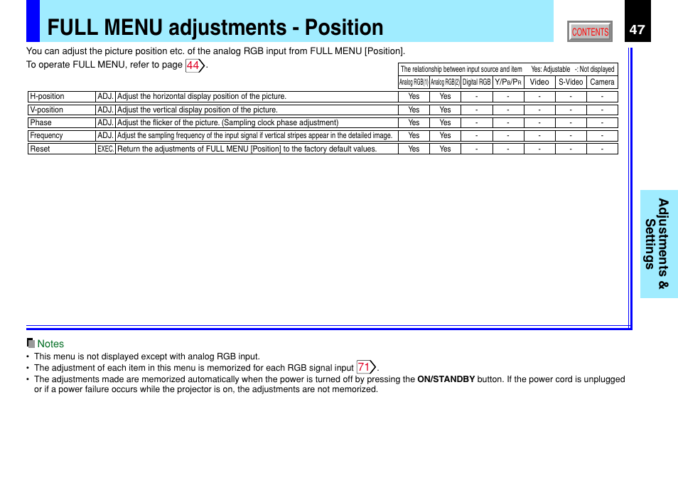 Full menu adjustments - position, Adjustments & settings | Toshiba TLP791 User Manual | Page 47 / 80