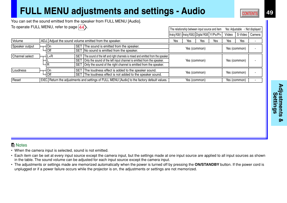 Full menu adjustments and settings - audio, Adjustments & settings | Toshiba TLP791 User Manual | Page 49 / 80