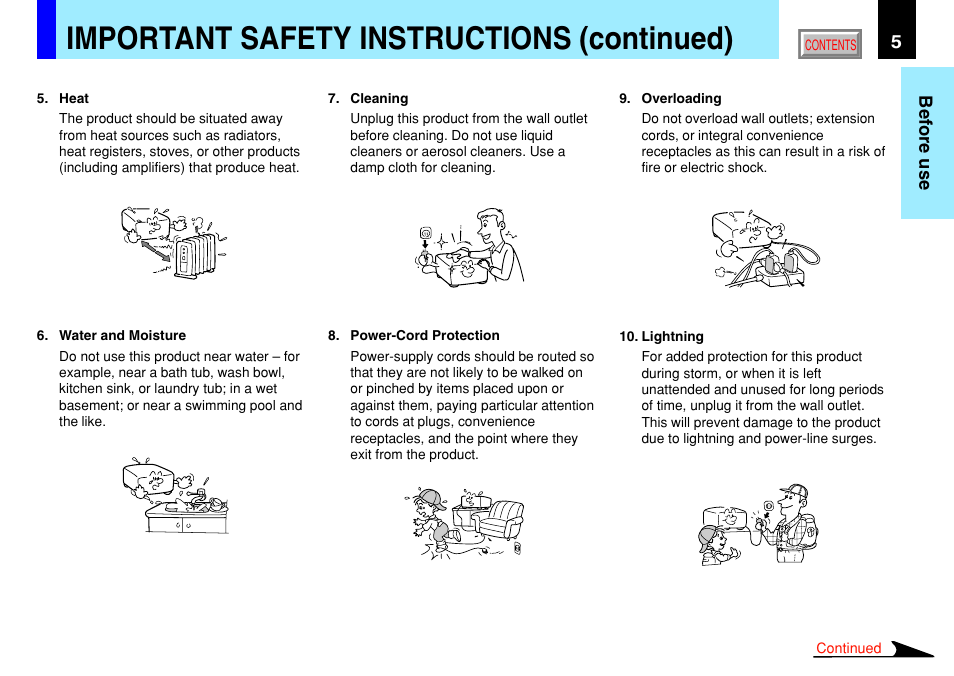 Important safety instructions (continued) | Toshiba TLP791 User Manual | Page 5 / 80